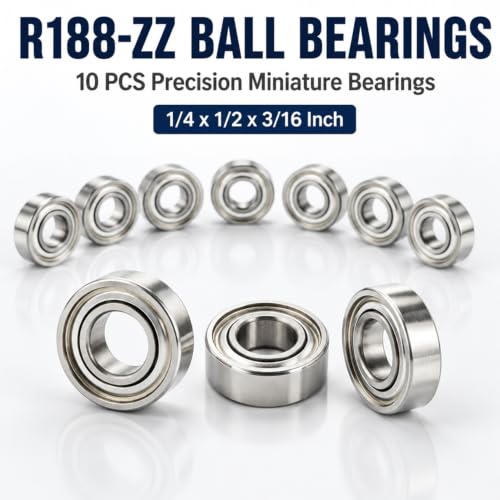 10 PCS R188-ZZ Deep Groove Ball Bearings, 1/4 Inch x 1/2 Inch x 3/16 Inch Miniature Bearings, Double Metal Sealed Shielded Precision Ball Bearings (R188-ZZ)