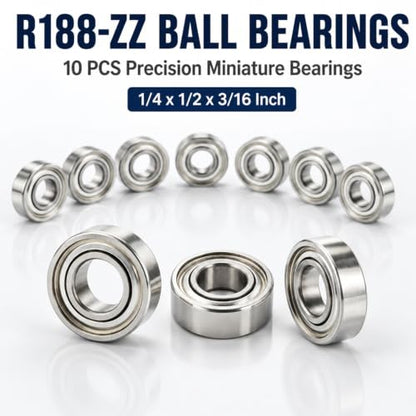 10 PCS R188-ZZ Deep Groove Ball Bearings, 1/4 Inch x 1/2 Inch x 3/16 Inch Miniature Bearings, Double Metal Sealed Shielded Precision Ball Bearings (R188-ZZ)