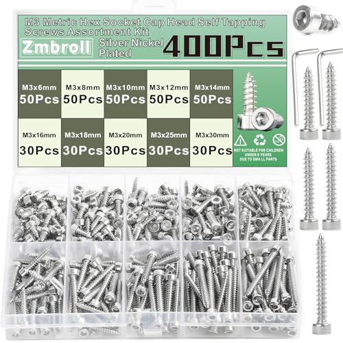 M3 Socket Head Cap Self Tapping Screw Silver Grade 8.8 Carbon Steel Metric 400Pcs M3x6/8/10/12/14/16/18/20/25/30mm Socket Allen Head Self Drilling Fasteners Hex Drive Wood Screws - size: M3