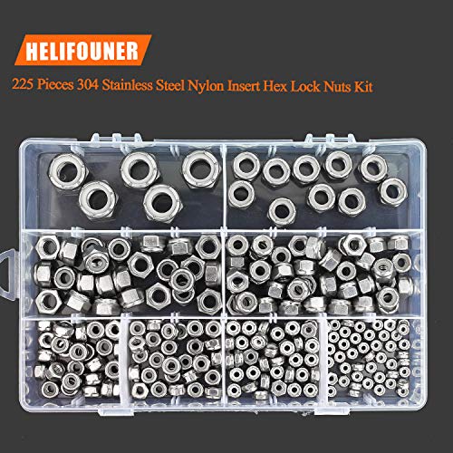 HELIFOUNER 225 Pieces 8 Sizes Nylon Insert Hex Lock Nut Assortment Kit, 304 Stainless Steel (#4-40 to 1/2"-13) - size: #4-40 to 1/2"-13 (225 pcs)