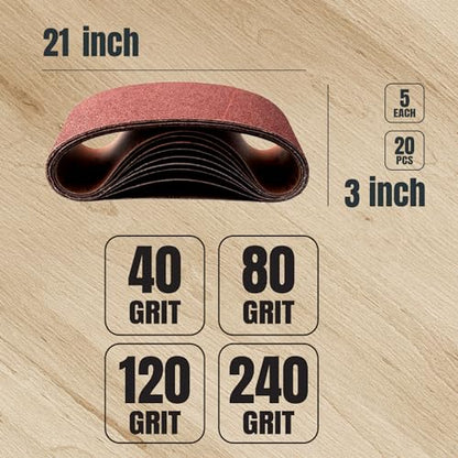 POWERTEC 3 x 21 Inch Sanding Belts, 20PK, 5 Each of 40/80/120/240 Grits Aluminum Oxide Sandpaper, 3x21 Sanding Belt for Portable Belt Sander, Woodworking, Paint Sanding, Metalworking (110434) - style: Assorted 40-240 Grit & Cleaning Stick