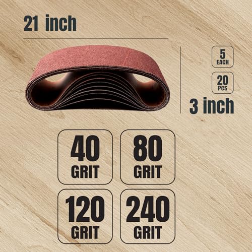 POWERTEC 3 x 21 Inch Sanding Belts, 20PK, 5 Each of 40/80/120/240 Grits Aluminum Oxide Sandpaper, 3x21 Sanding Belt for Portable Belt Sander, Woodworking, Paint Sanding, Metalworking (110434) - style: Assorted 40-240 Grit & Cleaning Stick