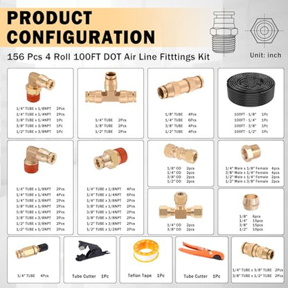 CheeMuii 156PCS Brass DOT Air Line Fittings with 4 Roll 100FT DOT Air Lines - size: 100FT-4ROLL-152PCS