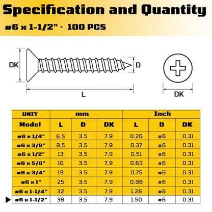 #6 x 1-1/2 inch Flat Head Wood Screws, 304 Stainless Steel Phillips Drywall Screws and Tapping Screws, High Hardness Screws for Drywall, Sheetrock, Wood (100 pcs) - size: #6 x 1-1/2"