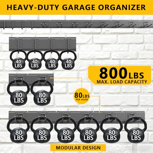 Garage Tool Organizer Wall Mount, 64inch Heavy-Duty Garage Storage System and Garden Tool Organizer with 12 Adjustable Hooks for Shovel, Snowboard, Yard Tools and Shed - size: 64"-12hooks