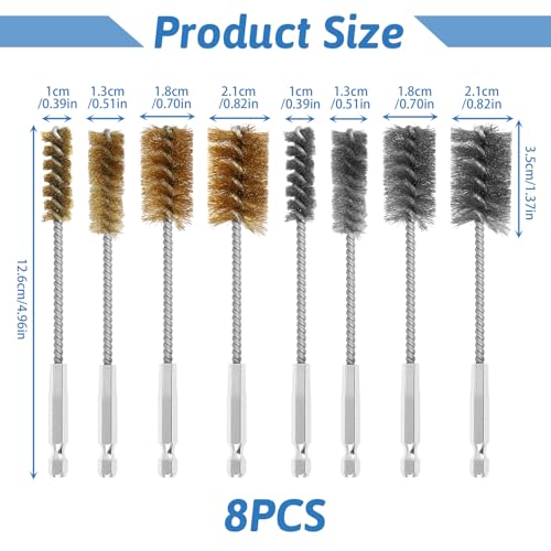 Bore Brush for Drill Hex Shank Set, 8 Pcs Wire Tube Hole Cleaning Kit