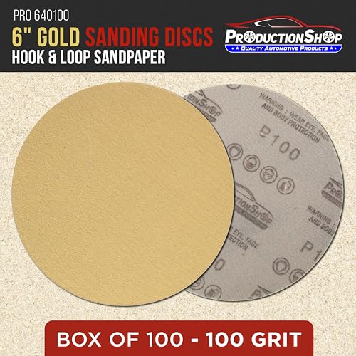 ProductionShop Premium 100 Grit 6" Gold Sanding Discs, Box of 100 - Hook & Loop Backing Abrasive Sandpaper for DA & Random Orbital Sanders - Sand Automotive Paint, Metal, Wood, Woodworking Furniture - style: 100 Grit