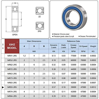 XIKE 10 Pcs MR93-2RS Bearings 3x9x4mm, Double Rubber Seals. - size: MR93-2RS 3x9x4mm