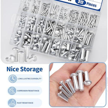 312Pcs M2.5 M3 M4 M5 M6 M8 × 10mm 14mm 20mm 25mm Solid Aluminum Brazier Head Rivets, Round/Dome Head Rivet for Aircraft Trailer Boat Building