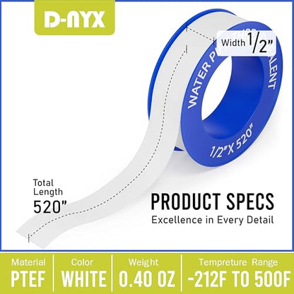 D-NYX 4 Rolls 1/2 Inch(W) X 520 Inches(L) Teflon Plumbers Tape, Duct Sealant Tape for Shower Head, Plumbing Thread Tap, Water Pipe Sealing Plumbers PTFE Thread Seal (5 Pack) - size: 5 Pack