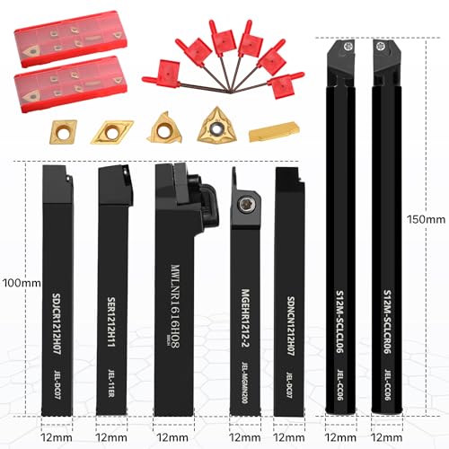 Indexable Lathe Turning Tool 21Pcs Kit 1/2'' 12mm Shank 7Pcs Carbide Turning Tool Holders with 14Pcs Tin Coated Turning Inserts Metal Lathe Tool Holder Set for Turning Grooving Threading Boring - style: Black 7pcs 1/2'' 12mm Shanks+14pcs Inserts