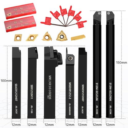 Indexable Lathe Turning Tool 21Pcs Kit 1/2'' 12mm Shank 7Pcs Carbide Turning Tool Holders with 14Pcs Tin Coated Turning Inserts Metal Lathe Tool Holder Set for Turning Grooving Threading Boring - style: Black 7pcs 1/2'' 12mm Shanks+14pcs Inserts
