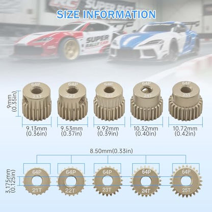 Surpass Hobby 64DP Pinion Gear 3.175mm 21T 22T 23T 24T 25T Motor Gears for 1/10 RC Car Brushed Brushless Motor Parts - size: 21T 22T 23T 24T 25T
