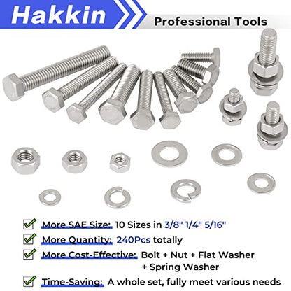 Hakkin 240Pcs Hex Bolts and Nuts Kit Stainless Steel Spring Washers Assortment Kit, 1/4" 5/16", 3/8" 10 SAE Sizes Machine Screws Set with Storage Case - size: A. 1/4 5/16 3/8