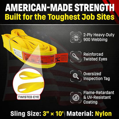 DD Sling 3 Inch x 10 Foot Nylon Lifting Sling – USA Made, 8,900 lb Vertical, 7,200 lb Choker, 17,800 lb Basket – 2-Ply Heavy Duty 900 Webbing, Type 4 Twisted Eye & Eye Rigging Sling - size: 3 in x 10 ft