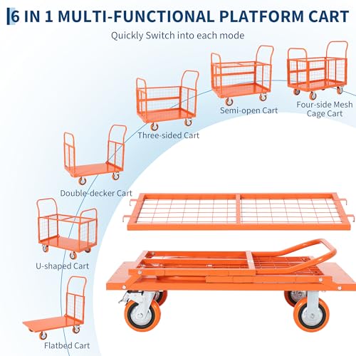 6-in-1 Folding Flatbed Dolly, 1800lbs Heavy Duty Platform Cart with Cage - color: Orange