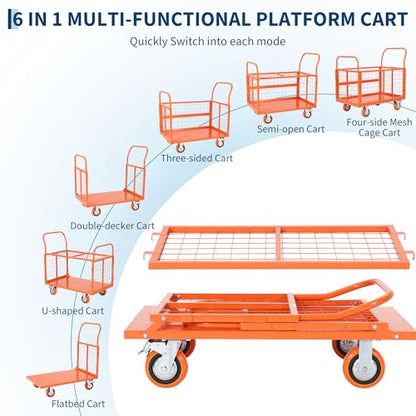 6-in-1 Folding Flatbed Dolly, 1800lbs Heavy Duty Platform Cart with Cage - color: Orange