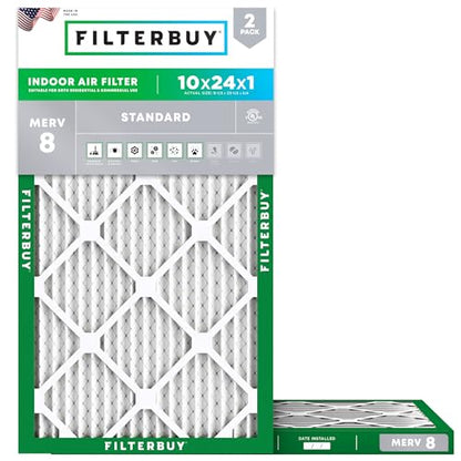 Filterbuy 10x24x1 Air Filter MERV 8 Dust & Allergy Defense (2-Pack) - size: 10x24x1