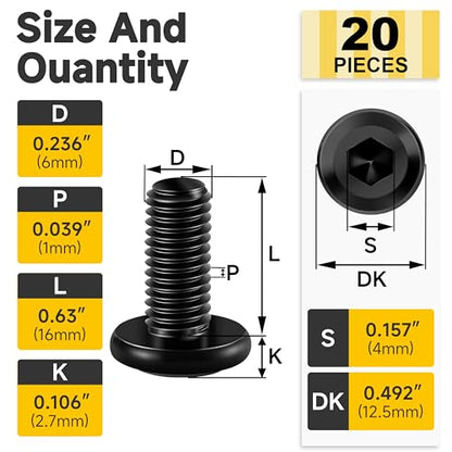 Mywish M6 x 16mm 20Pcs Flat Head Hex Socket Cap Screws Bolts, 304 Stainless Steel Furniture Bolts Full Thread, Black Oxide & Hex Spanner - color: Black-M6, size: 16mm