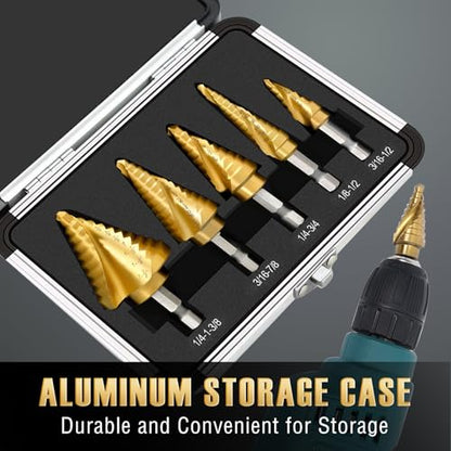 Step Drill Bit Set - 5PCS Titanium HSS Step Bit with Two Spiral Flutes - color: 5Pcs Spiral Set