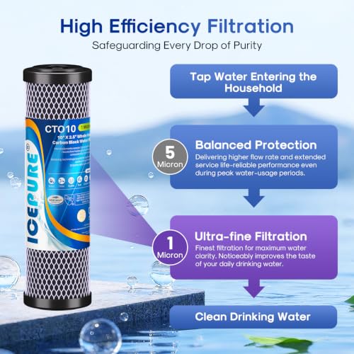 ICEPURE 1 Micron 2.5" x 10" Whole House CTO Carbon Sediment Water Filter Cartridge Compatible with DuPont WFPFC8002, WFPFC9001, SCWH-5, WHCF-WHWC, WHCF-WHWC, FXWTC, CBC-10, RO Unit, Pack of 2 - size: 2 Count (Pack of 1), style: Activated Carbon