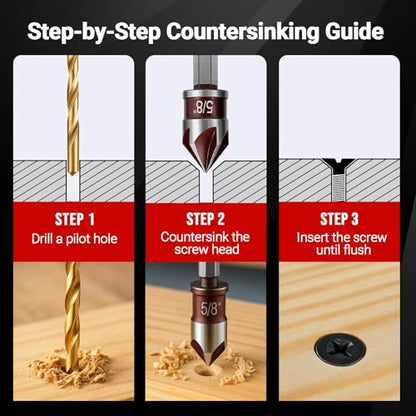5 Pcs Countersink Drill Bit Set, 82-Degree HSS Drill Bit(1/4" to 3/4"), Quick Change Hex Shank, 5 Flute Premium Countersink Bits for Wood, Metal, Plastic – Durable & Rust-Resistant