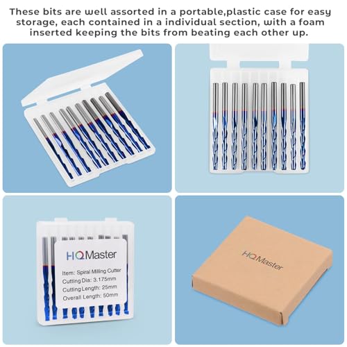 HQMaster 1/8" Shank CNC Router Bits 2 Flute Upcut CNC Bit End Mill 10pcs - size: 1/8"CED x 1/8"SD x 1"CEL x 2"OAL