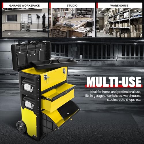 Auto Dynasty 3-Tier Rolling Trolley Tool Box Stackable w/Wheels, Yellow - color: Yellow