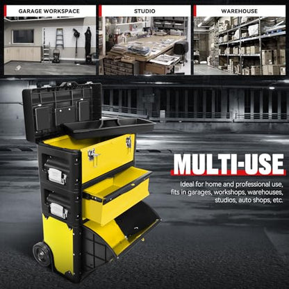 Auto Dynasty 3-Tier Rolling Trolley Tool Box Stackable w/Wheels, Yellow - color: Yellow