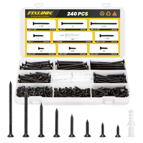 240PCS Wood Screws Assortment Kit, FIXLINK E-Coated Flat Head Screws Set - color: Black