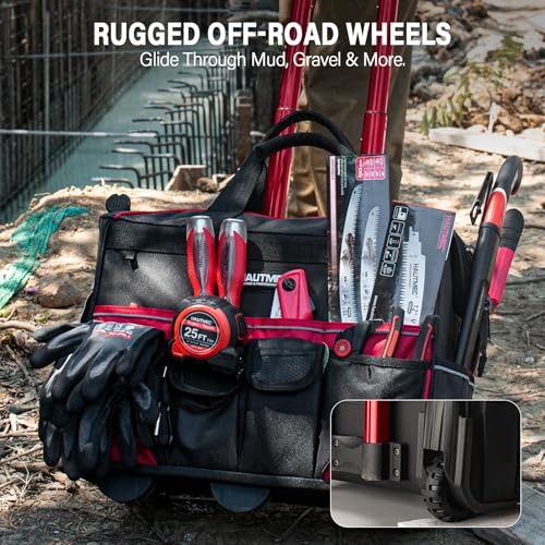 HAUTMEC 18" Rolling Tool Bag with Wheels, Heavy-Duty Water-Resistant Tool Bag Organizer with 23-Pocket, Wide-Mouth Design, Oversized Wheels & Telescoping Handle - HTTBM25004 - color: 18-Inch | Red