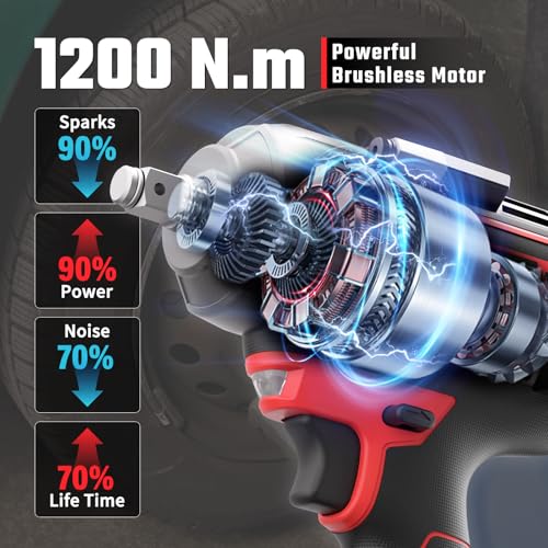 VERVEWAVE 1200N.m Impact Wrench for Milwaukee 18V Battery (no battery), 1/2” Cordless Impact Gun, 900Ft-lbs Electric Impact Driver with 3-Speed Control, 6 Pcs Impact Sockets Included, Tool Only