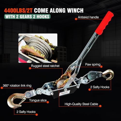 2T Come Along Winch, 4410lbs Pulling Capacity, 7ft Steel Cable - size: 2T-4410lbs-7FT-2Hook