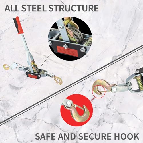 4 Ton/8800lbs Come Along Winch, Dual Gear Power Puller, Heavy Duty Hand Puller with 2 Hooks Steel Cable & Anti Skid Handle,Automotive Hoist Winch Puller for Moving Boats,Construction,Transport - size: 4T/8800LBS