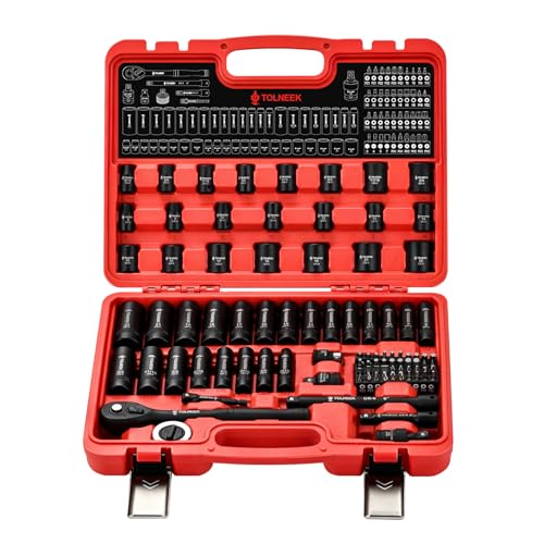 3/8 impact socket set, 92PCS 6-Point (5/16" to 3/4“,8mm to 22mm), Cr-Mo, with Adapters, Wrench, Quick Release Ratchet, Palm Ratchet Kit,Extension Bar & Storage Case - size: 92-Piece 3/8" Drive Impact Socket Set SAE