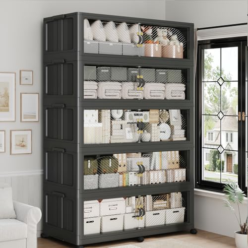 1200QT Large Plastic Storage Boxes with Wheels & Lid, 300GAL Stackable Closet Organizers, Collapsible Folding Cabinet for Home Office Kitchen, 5Pack Black - color: Black