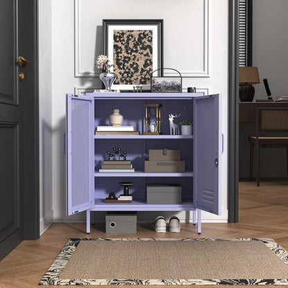 Purple Lockable Mesh & Metal Door Storage Cabinet, 3-Tier Heavy Duty Steel Locker with 2 Adjustable Shelves, Accent Cabinet for Living Room, Home Office, 33" H x 29.5" W x 13.8" D - color: Lilac, style: Cabinet-33"H-SW