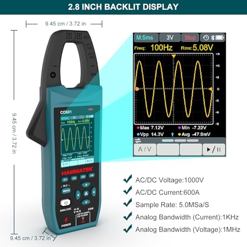 HANMATEK 3-in-1 AC/DC Clamp Meter & Oscilloscope,5MS/s High Sampling Rate,1MHz Bandwidth,600A &1000V AC/DC Current & Voltage Detection,Resistance,Capacitance,Continuity Test,NCV,Data Logging-CO601