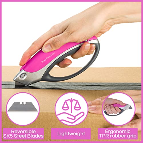 Pink Box Cutter Retractable Utility Knife - Two Pack Heavy Duty Cardboard Carton Cutter Opener Retracting - with 5 Sharp Utility Razors - color: Pink 2 Pack