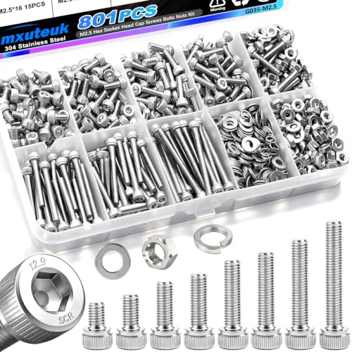 mxuteuk 801PCS M2.5 Screws Assortment Set,M2.5 x 4/6/8/10/12/16/20/25mm M2.5bolts，304 Stainless Steel Hex Socket Head Bolts Nuts Washers Set Suitable for 3D Printer,DIY - size: 801PCS M2.5