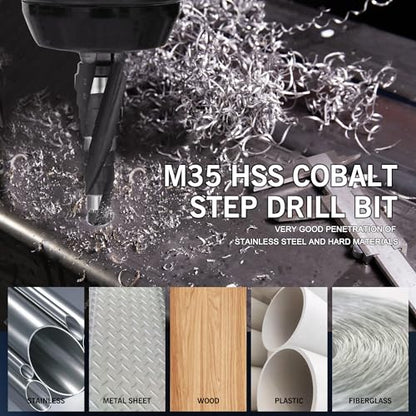 GMTOOLS M35 Four Spiral Flute Cobalt Step Drill Bit, 3/16"-7/8" Wear-Resistant TiAlN Coated Four-Flute Step Bit, 1/4" Hex Shank Unibit Step Bit for Metal, Stainless Steel, Aluminum, Wood, Plastic - style: Four blade 3/16-7/8