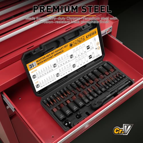35-Piece Master Hex Bit Socket Set, 1/4", 3/8", 1/2" Drive Allen Socket Set H2-H19, 5/16"-3/4", Premium CR-V & S2 Alloy Steel, Ratchet Wrench, Sockets Adapter, High Torque for Automotive Mechanic - color: 35pcs Hex Bit Socket Set Black
