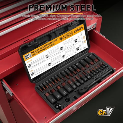 35-Piece Master Hex Bit Socket Set, 1/4", 3/8", 1/2" Drive Allen Socket Set H2-H19, 5/16"-3/4", Premium CR-V & S2 Alloy Steel, Ratchet Wrench, Sockets Adapter, High Torque for Automotive Mechanic - color: 35pcs Hex Bit Socket Set Black