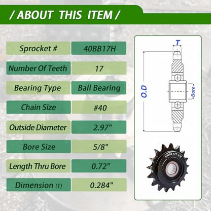 #40 Idler Sprocket 17 Tooth 5/8" Bore with 6202 Bearing Black Oxide Chain Tensioner for Mini Bike Go-Kart Balanced High Speed Conveyor Industrial, Hardened Steel - size: 17tooth, style: 5/8‘’bore size