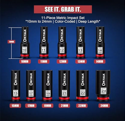 11PCS 1/2 Inch Drive Impact Deep Socket Set Metric 10-24mm, 6-Point, CR-MO - size: 11PCS Metric