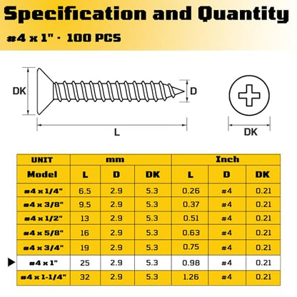 #4 x 1 inch Flat Head Wood Screws, 304 Stainless Steel Phillips Drywall Screws and Tapping Screws, High Hardness Screws for Drywall, Sheetrock, Wood (100 pcs) - size: #4 x 1"