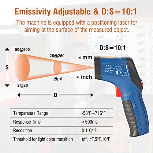 CEM DT-8666 Digital Infrared Meat Thermometer Gun,DS10:1 Instant Read Laser Temperature Gun for Griddle,Grill,Oven,Pizza, Thermal Air Heat Leak Detector for Industrial Repairs with Color Light Alarm