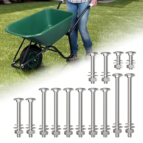 14Pcs Wheelbarrow Handles Replacement Kit, 304 Stainless Steel Wheel Barrow Handles Replacement Bolts Ultra Sturdy, Wheelbarrow Carriage Bolt Nut, Round Head Square Neck Bolt for Furniture