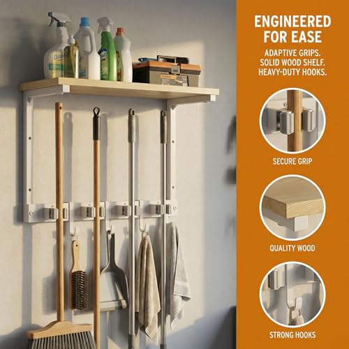 Upgraded Broom Holder Wall Mount with Shelf, Mop and Broom Organizer Wall Hanging, Cleaning Supplies Organizer (small) - size: small