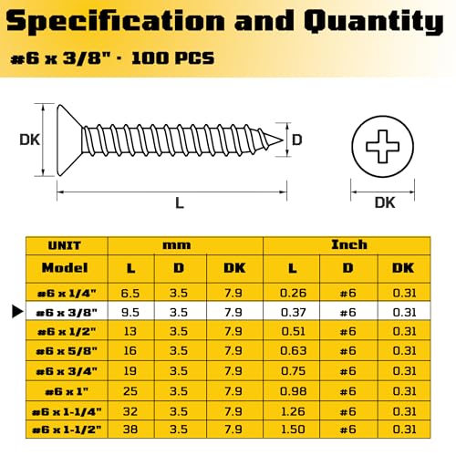 #6 x 3/8 inch Flat Head Wood Screws, 304 Stainless Steel Phillips Drywall Screws and Tapping Screws, High Hardness Screws for Drywall, Sheetrock, Wood (100 pcs) - size: #6 x 3/8"